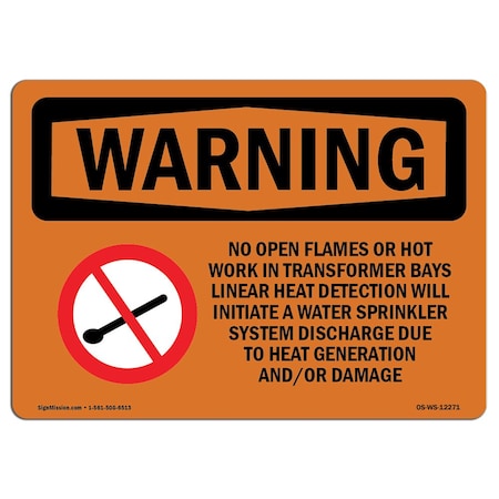 OSHA WARNING Sign, No Open Flames Or Hot Work In W/ Symbol, 18in X 12in Decal